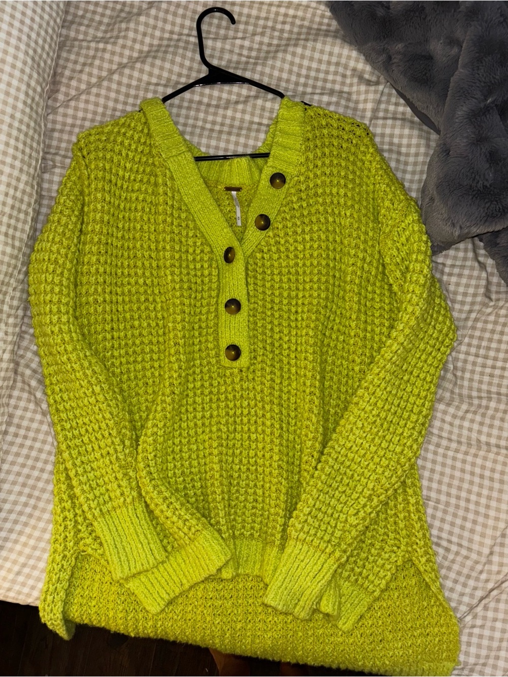 Free People Neon Lime Button V-Neck Waffle Knit Sweater